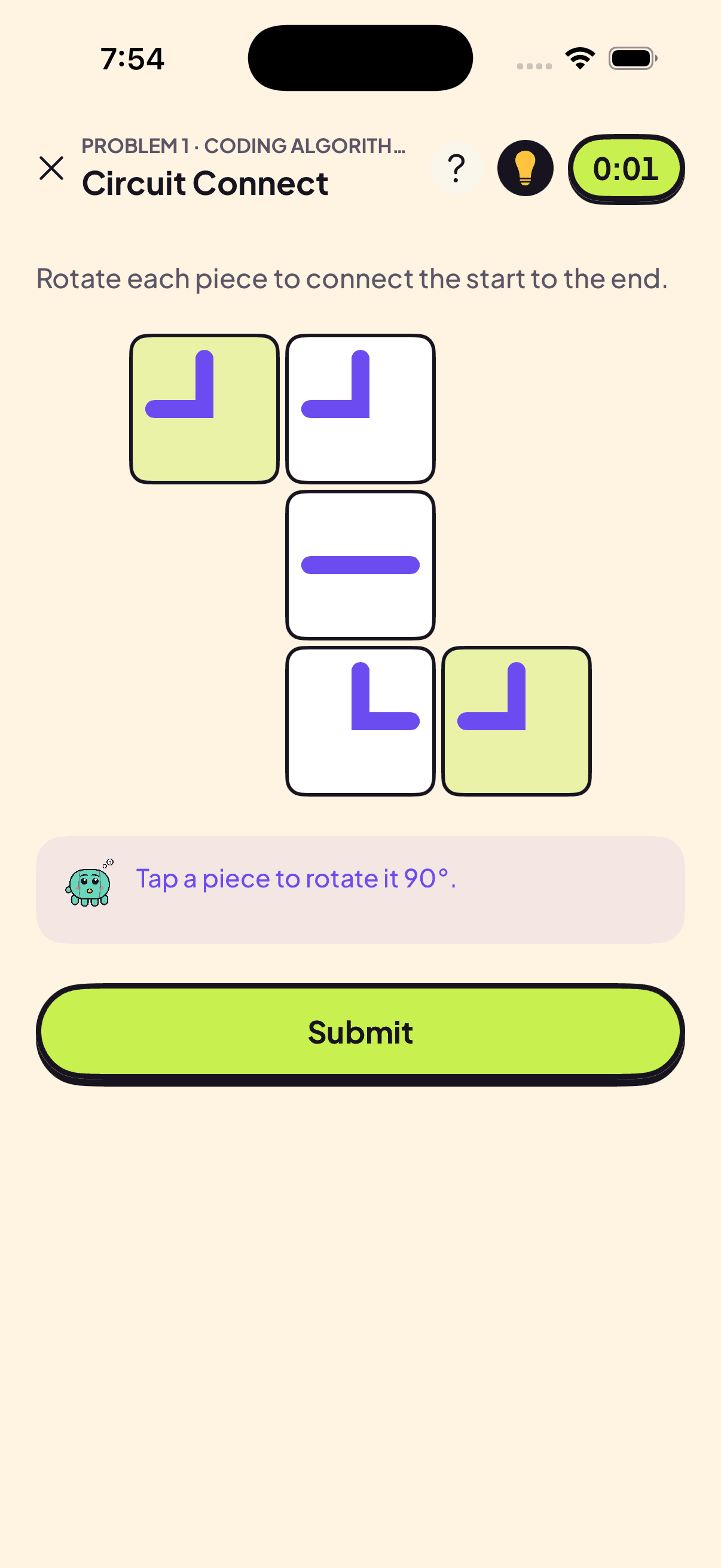 A Circuit Connect logic puzzle in TinkerDay, rotating pipe pieces to connect a start to an end